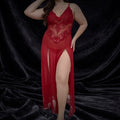 Scarlet Temptation - Plus Size Alluring Burgundy Lace Detail Gown