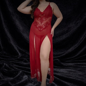 Scarlet Temptation - Plus Size Alluring Burgundy Lace Detail Gown